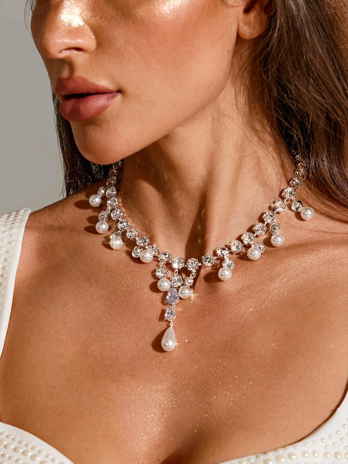 Zala Crystal Pearl Fringe Necklace - Image 2