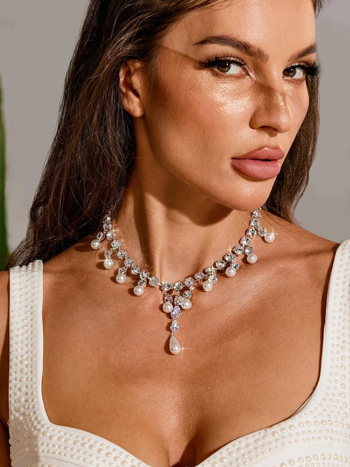 Zala Crystal Pearl Fringe Necklace - Image 3