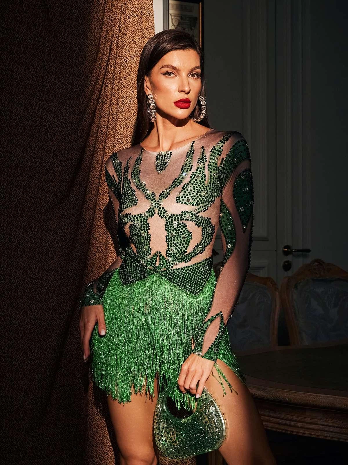 Zelmira Long Sleeve Rhinestone Fringe Bodysuit - Image 5