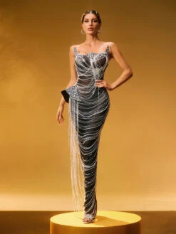 Zories Strapless Crystal Chain Fringe Maxi Dress