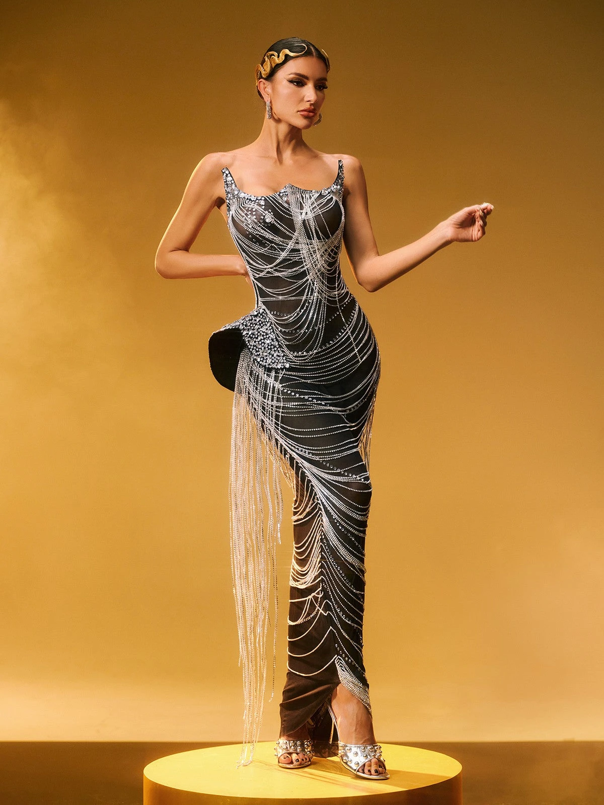 Zories Strapless Crystal Chain Fringe Maxi Dress - Image 2